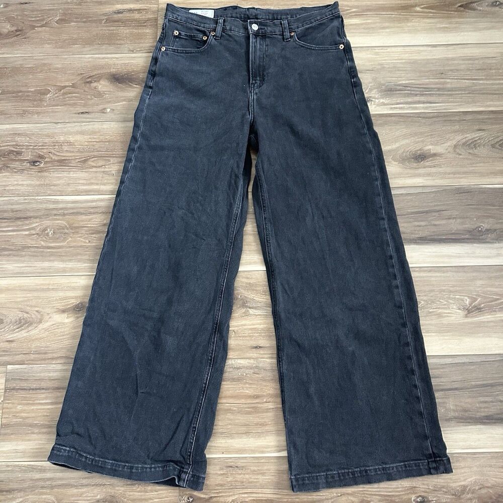 GAP High Rise Stride Jeans Women 12R 31x30 Washed Black Wide Leg Denim Fall 2023
